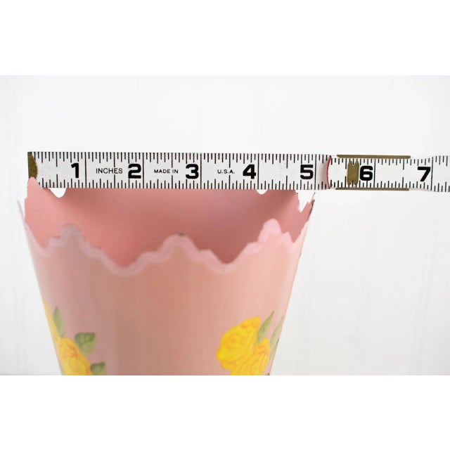 Vintage 1960's Pink With Yellow Flowers Metal Tin Vase For Sale - Image 10 of 12