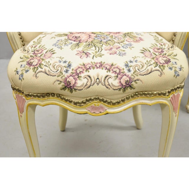 Vintage French Louis XV Style Cream & Pink Painted Boudoir Slipper Chair - Pair For Sale In Philadelphia - Image 6 of 14
