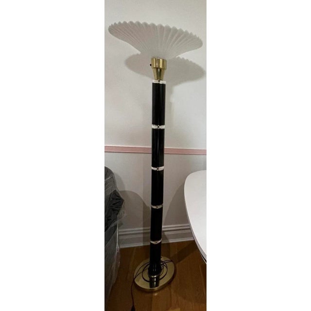 Metal 1980s Art Deco Black Torch Floor Lamp With Brass and Lucite Details For Sale - Image 7 of 7