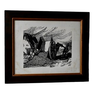 Large Woodcut Peasant Scene, 1890s, Glass & Wood & Paper For Sale