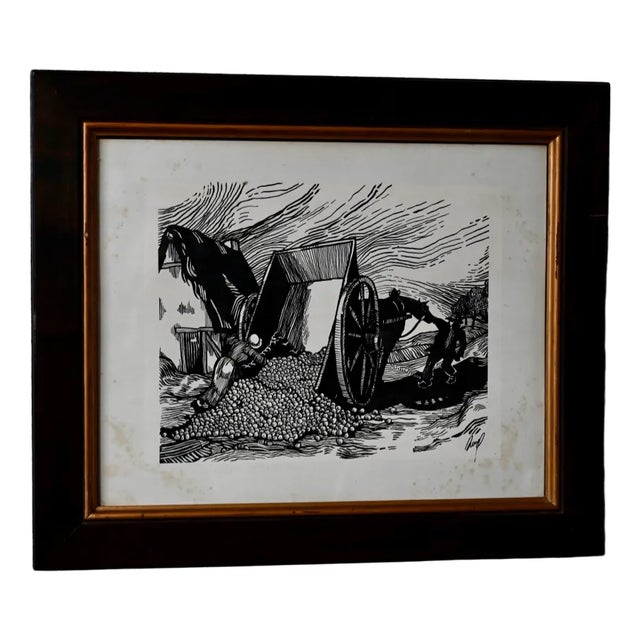 Large Woodcut Peasant Scene, 1890s, Glass & Wood & Paper For Sale