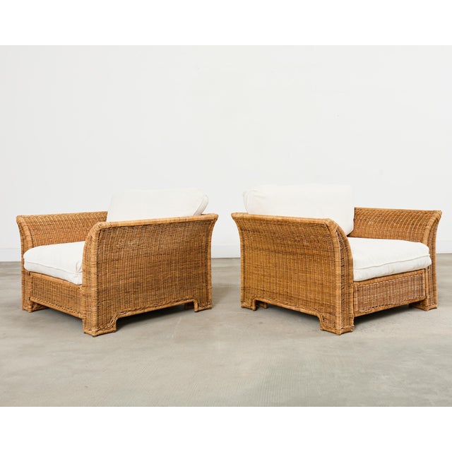 Pair of Hollywood Regency Wicker Lounge Chairs + Ottomans For Sale - Image 10 of 18