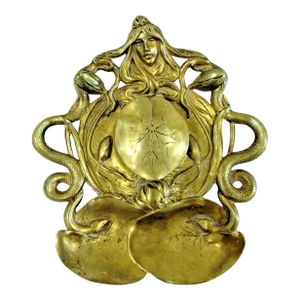 Antique Art Nouveau Bronze Inkwell Signed Geschutzt Woman, Snakes and Lily Pads