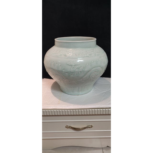 Art Deco Chinese Ceramic Pot White Glaze Porcelain Jar Hand Carved Dragon Pattern For Sale - Image 3 of 9