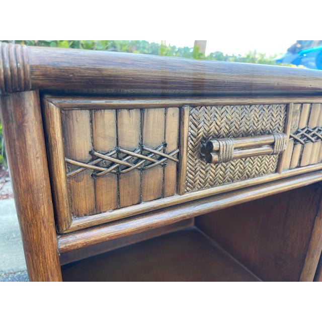 Brown Vintage Coastal Rattan & Carved Wood Nightstands With Glass Tops – Pair For Sale - Image 8 of 11