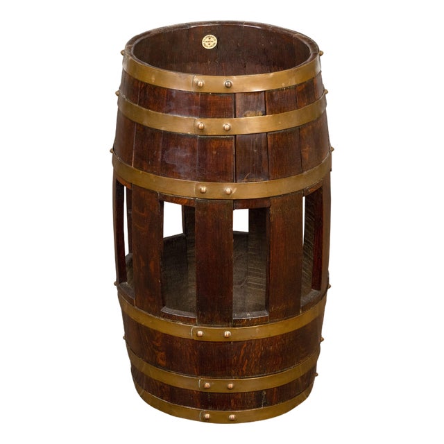 Labeled English 1900s R.A. Lister & Co. Oak and Brass Barrel with Open Section For Sale