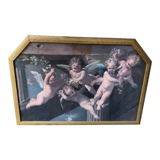 Vintage Cherub Painting in Gold Geometric Frame For Sale