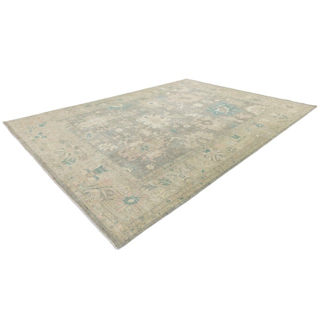 11x16 Modern Oushak Style Hand-Knotted Wool Area Rug in Taupe, Soft Teal & Blush For Sale - Image 11 of 11
