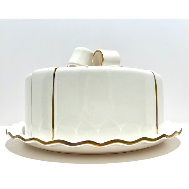 White Vintage Portuguese Ceramic Cake Dome & Plate – Gift Box Bow Lid – White W/ Gold Trim For Sale - Image 8 of 11