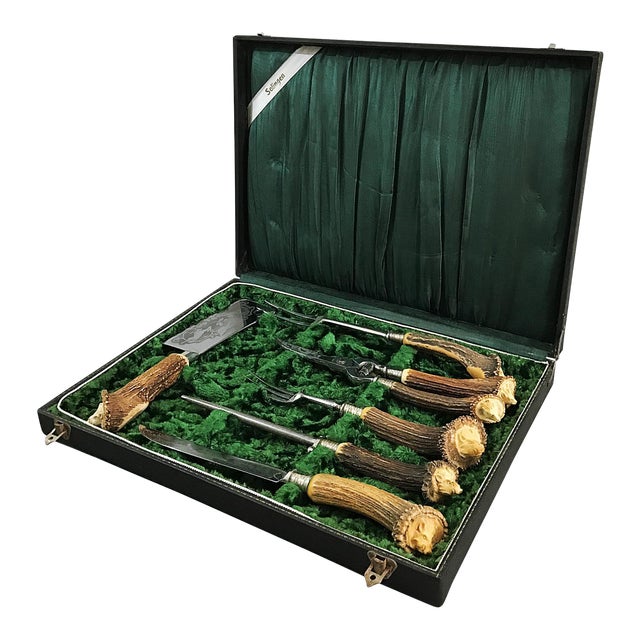 Antique Solingen Rostfrei Germany Stag Handled Cutlery Set in Box Set