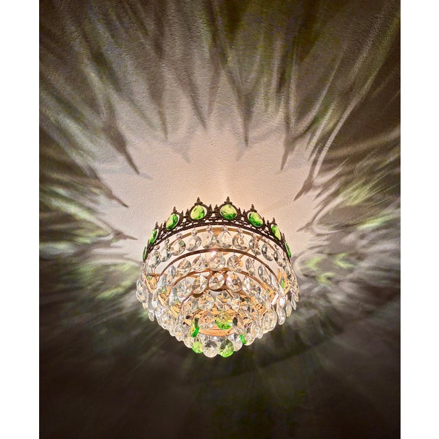 Vintage Emerald Green & Clear Crystal Crown Flush Mount Chandelier – 3 Light For Sale - Image 15 of 17