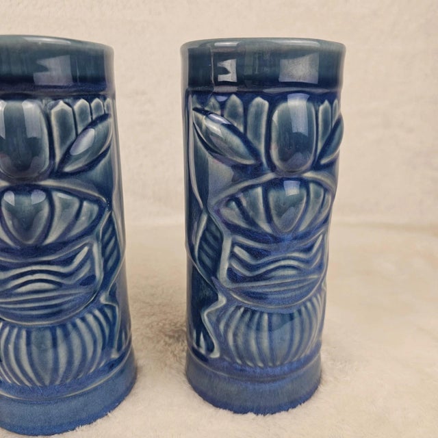 1970s Hollywood Regency Libbey Blue Ceramic Tiki Mugs - Set of 3 For Sale In Phoenix - Image 6 of 10