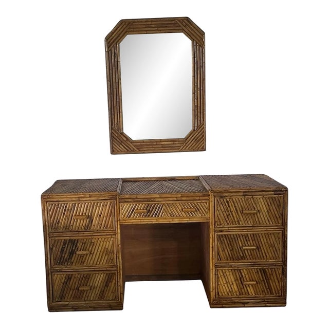 Vintage Coastal Split Rattan Vanity and Mirror, 2 Pieces For Sale