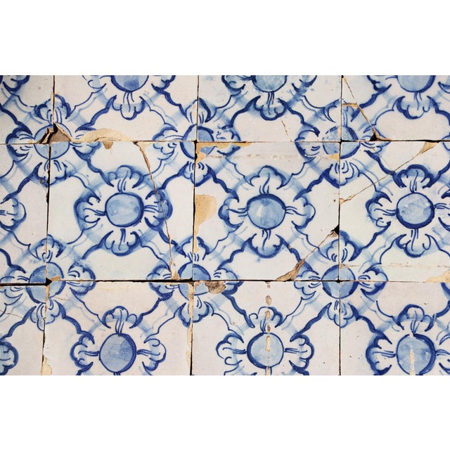 Ceramic Antique 18th Century Portuguese Blue & White Tiles Set of 61 With Repeating Floral-Geometric Pattern For Sale - Image 7 of 18