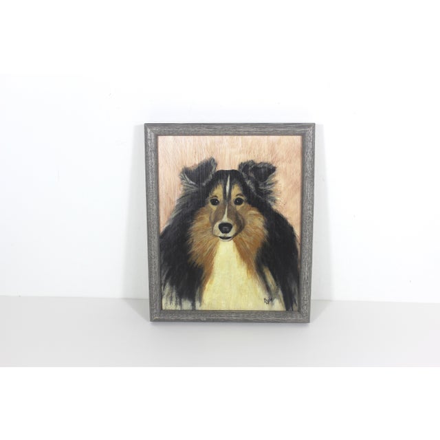 Vintage original painting of a Shetland Sheepdog or Sheltie Dog. Signed and dated. No damage. Vintage wear on the wood...