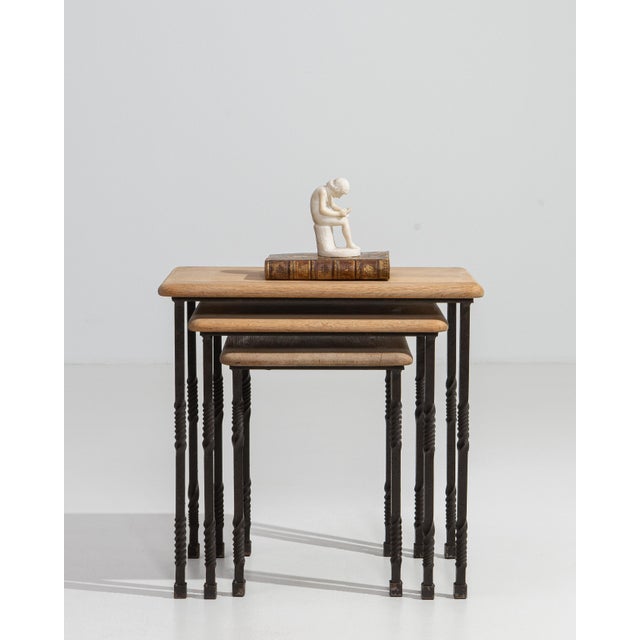 Metal 1970s Set Of Three Cast Iron Nesting Tables With Wooden Tops For Sale - Image 7 of 13