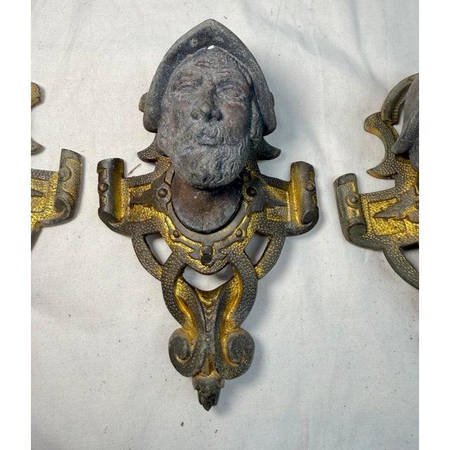 Victorian 4 Antique Ornate Victorian Face Gilt Bronze Metal Salvage Hardware Appliques For Sale - Image 3 of 9