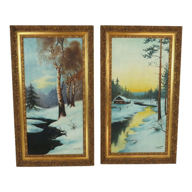 Vintage 1930s Oil on Canvas Landscape Winter Scene by B Kulesz - Set of 2 For Sale