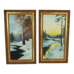 Vintage 1930s Oil on Canvas Landscape Winter Scene by B Kulesz - Set of 2