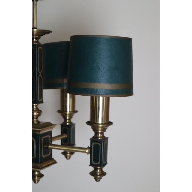 Gold Empire Dark Green Leather and Brass Four-Arm Chandelier, France, 1960s For Sale - Image 8 of 18