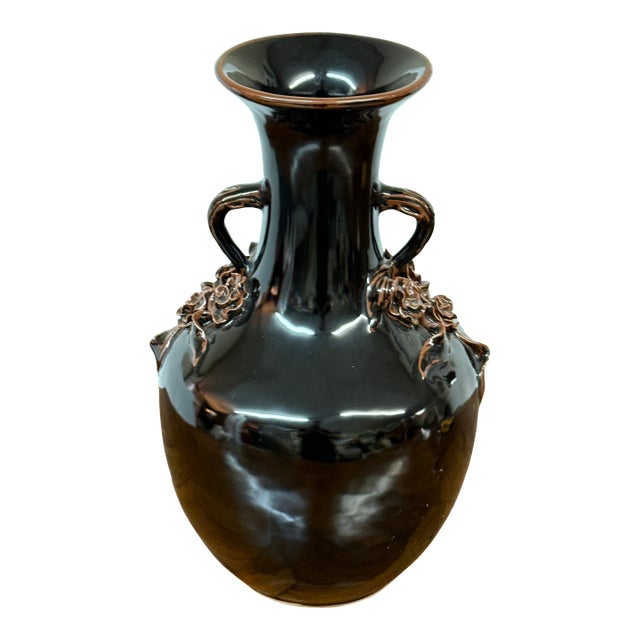 Antique Replica Chinese Dark Glaze Twin-Handle Floral Pottery Vase For Sale