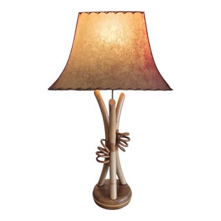 Vintage Mid Century Boho Chic Rattan Lamp With Rawhide Whipstitch Shade 1940's Large Cabin Old Florida Cottage Boho For Sale