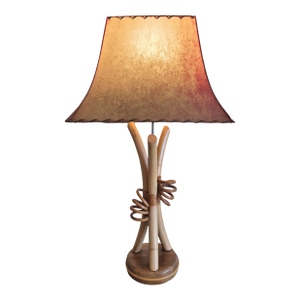 Vintage Mid Century Boho Chic Rattan Lamp With Rawhide Whipstitch Shade 1940's Large Cabin Old Florida Cottage Boho
