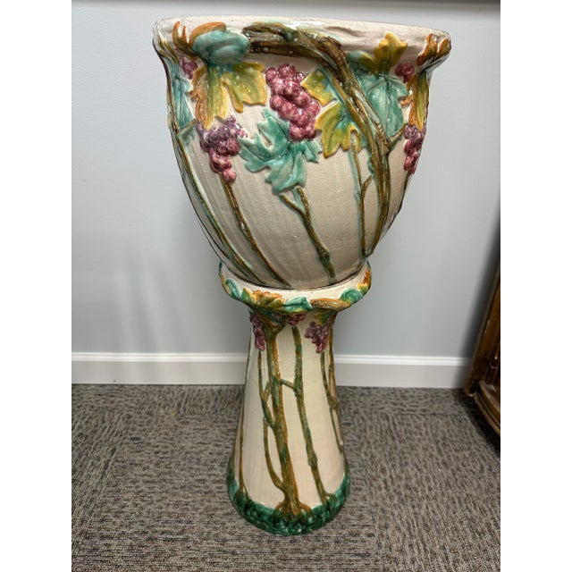 Majolica Art Nouveau Jardiniere & Pedestal For Sale - Image 4 of 9