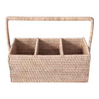 Artifacts Rattan 3 Section Caddy/Cutlery Holder with Handle in White Wash For Sale