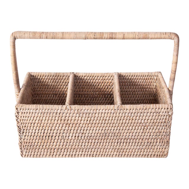 Artifacts Rattan 3 Section Caddy/Cutlery Holder with Handle in White Wash For Sale