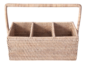 Artifacts Rattan 3 Section Caddy/Cutlery Holder with Handle in White Wash
