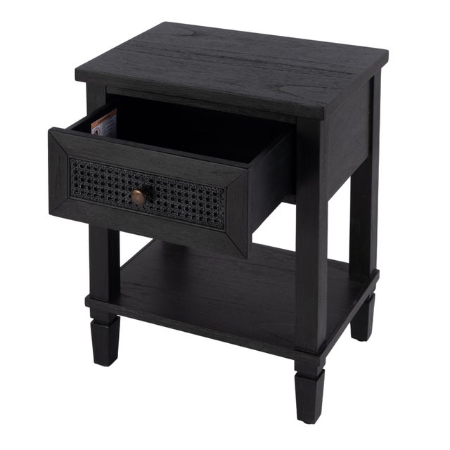 2020s Flagstaff 20 in. W Rectangular Cane and Wood 1 Drawer Nightstand with Lower Open Shelf, Washed Black For Sale - Image 5 of 11