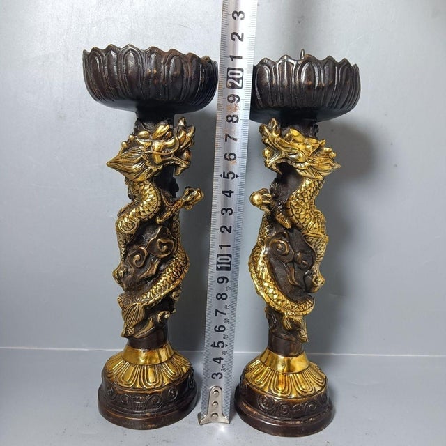 Chinoiserie Pair of Gilt Bronze Dragon Candlesticks, Lotus Top Candle Holders, Chinoiserie Altar Decor For Sale - Image 3 of 9