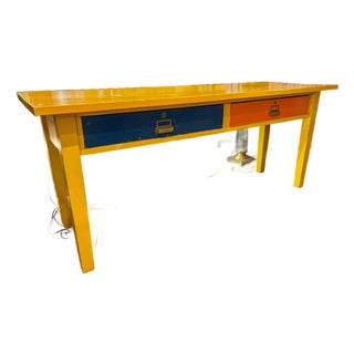 Vintage Large School or Lab Table , or Desk, With Painted Bright Yellow With Blue and Orange Drawers For Sale