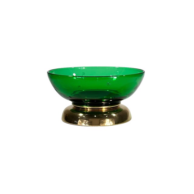 Mid-Century Modern Vintage Mid Century Modern Green Glass Bowl With Gold Base For Sale - Image 3 of 8