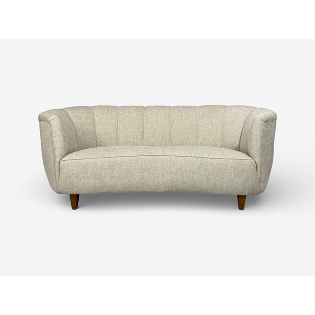 Danish Mid-Century Modern, Banana Sofa, Beechwood, Green Fabric, Denmark, 1930s Danish modern banana sofa in the manner of...