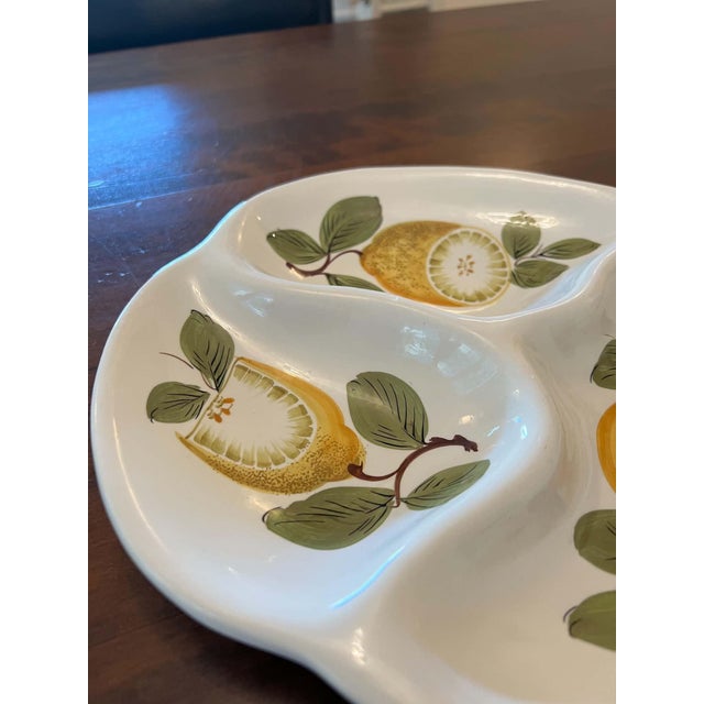 Vintage Italian ceramic serving dish with three sections and a lemon and leaf design. Marked ITALY on the underside.