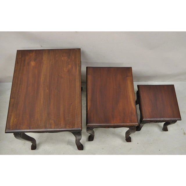 Late 20th Century Vintage French Rococo Baroque Style Mahogany Nesting Side Tables - Set of 3 For Sale - Image 5 of 12
