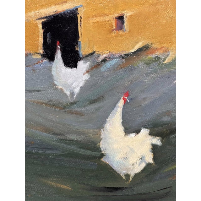 Long, Long Way From Home by Jann T. Bass | Oil Painting of two white chickens near a barn For Sale - Image 4 of 4