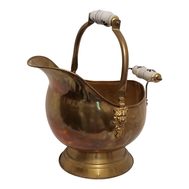 Vintage Brass Coal Scuttle Bucket with Delft Blue Porcelain Handles