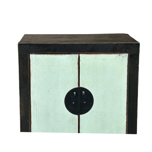 Distressed Black Frame Moon Face Light Green Blue End Table Nightstand For Sale In San Francisco - Image 6 of 9