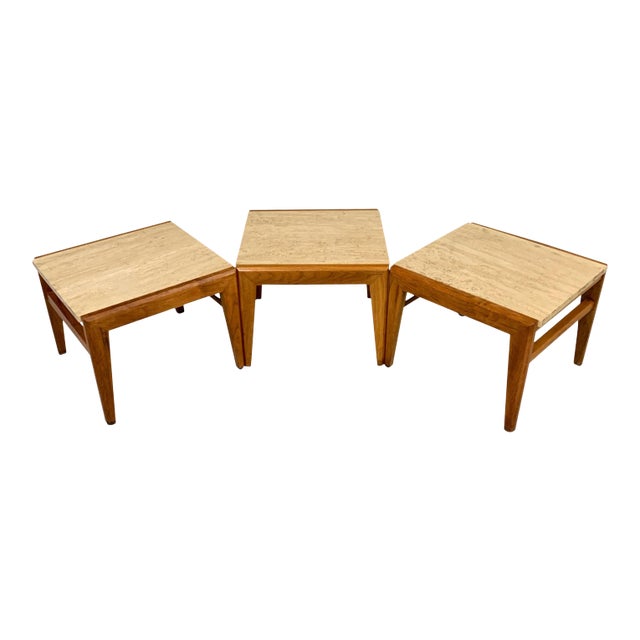 Mid-Century Walnut and Travertine Stools by Jens Risom- Set of 3 For Sale