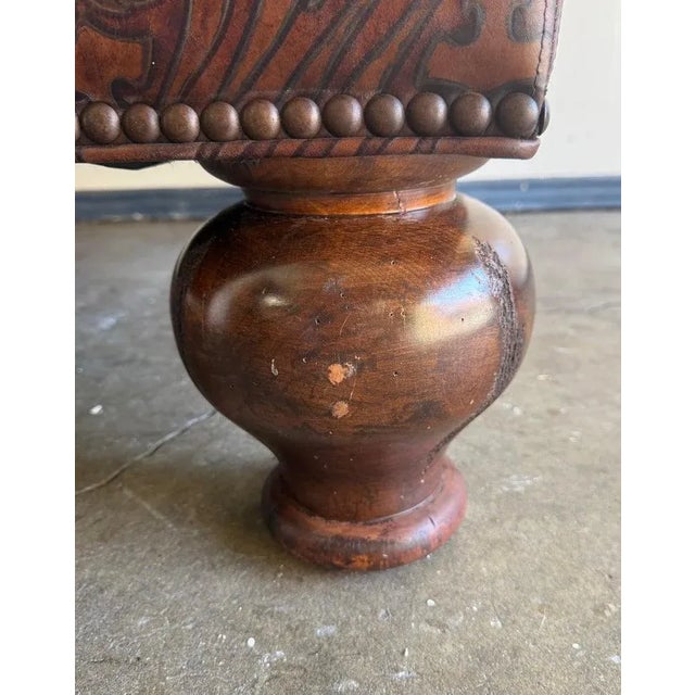 Spanish Colonial Style Embossed Leather Ottoman With Bun Feet For Sale - Image 10 of 12