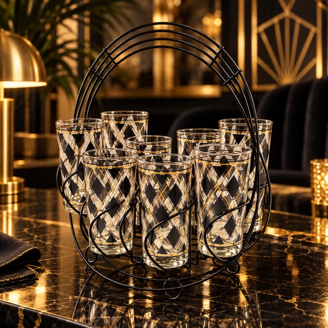 Libbey Glass Co. 1960s Libbey Mid-Century Modern Black Gold Argyle Pattern Glassware and Carousel Caddy Set- 9 Pieces For Sale - Image 4 of 13