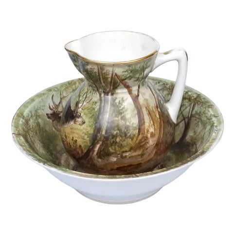 Painted Water Jug with a Bowl For Sale