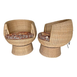 1970s Eero Aarnio Style Swivel Rattan Barrel Pod Chair Pair For Sale