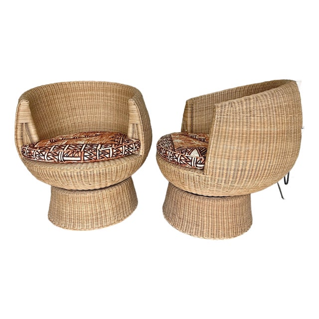 1970s Eero Aarnio Style Swivel Rattan Barrel Pod Chair Pair For Sale