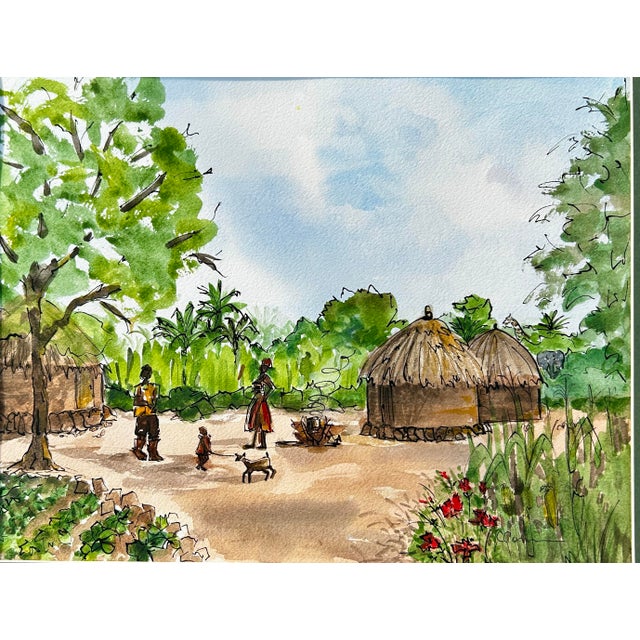 Original watercolor ink and wash painting of a family in South Sudan, the youngest country on earth. This village is also...