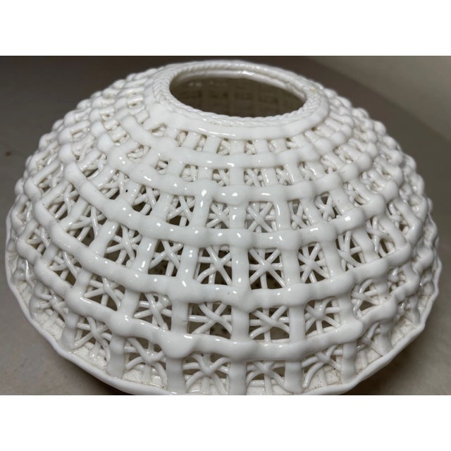 Antique Handmade Chinese White Basket Woven Porcelain Bowl Centerpiece Vase For Sale - Image 9 of 11