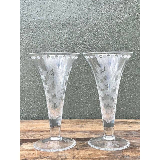 Vintage Etched Glass Trumpet Vases - A Pair For Sale In West Palm - Image 6 of 12
